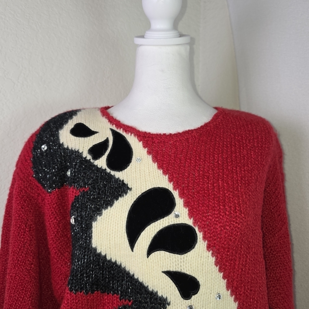 Vtg Albee Angora Blend Red Sweater w/ Velvet Appliqué & Sequins – Abstract 80s M - Picture 2 of 10